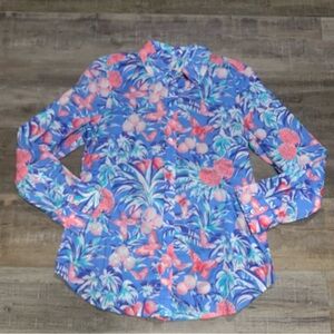 Talbots Women’s Medium Blue Tropical Floral Butterfly Button Up Top